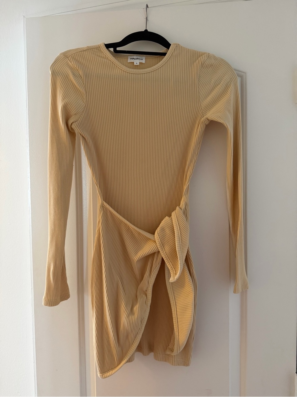 Ribbed Long-Sleeve Mini Dress with Side Knot - Beige